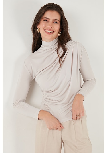 Lela Streç Büzgü Detaylı Slim Fit Dik Yaka Bayan Bluz 669925 Koyu Bej