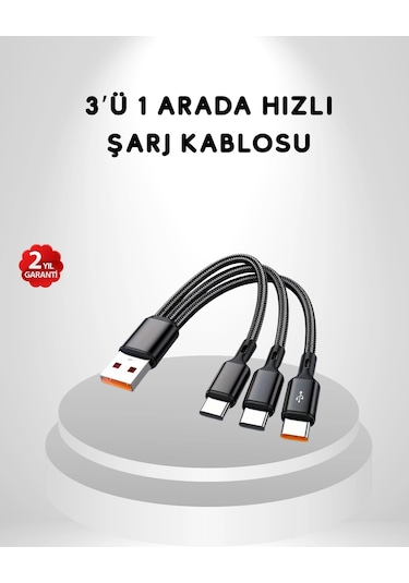 3 Ü 1 Arada Hızlı Şarj Kablosu İos Android Type-c Uyumlu Ve Dayanıklı