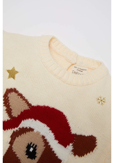 DeFacto Kız Bebek Bisiklet Yaka Yılbaşı Temalı Triko Kazak C8418A524WNBG744 Bej