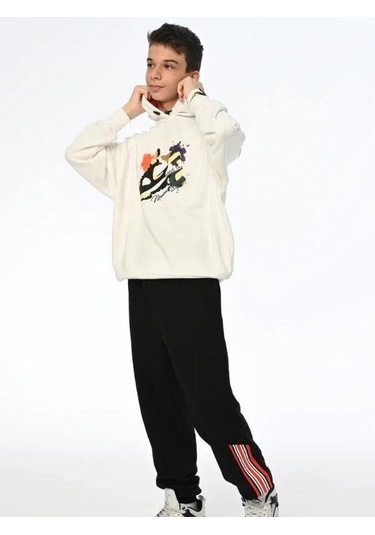 Erkek Çocuk Spor Ayakkabı Baskılı Kapüşonlu Sweatshirt-13543 Ekru