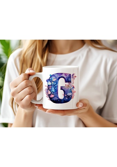 G Baş Harfi Fantastik Mantarlı Kupa Bardak - Kişiye Özel Masalsı Bardak - Hediye Beyaz