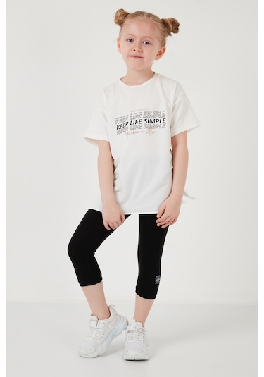 Lela Pamuklu Bisiklet Yaka Kısa Kollu Taytlı Alt-Üst Kız Çocuk Takım 6212007 Ekru