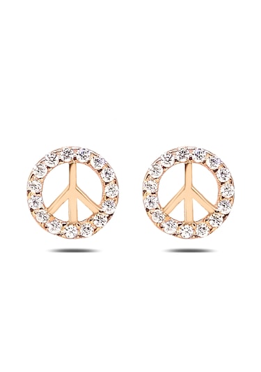 Peace Barış Sembolü Kadın Gümüş Küpe Pembe Altın