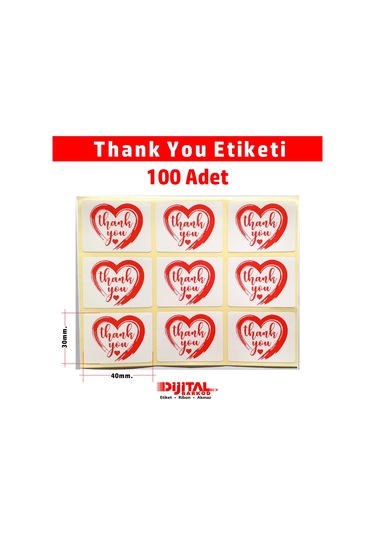 Kırmızı Kalp Teşekkür Etiketi - Thank You Sticker 30x40mm 100 Ad.