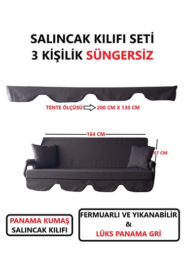 Süngersiz Tenteli Salıncak Kumaş Seti 3kişilik 164x47 Cm Süngersiz Lüx Panama Gri Gri
