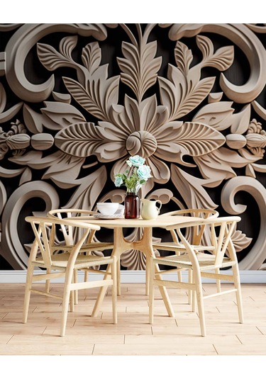 3 Boyutlu Çiçek Figürlü Ağaç Oyma Desenli Duvar Kağıdı