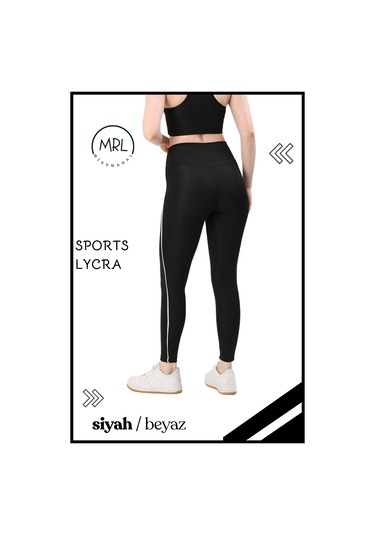 Kadın Yüksek Bel Toparlayıcı Spor Tayt Siyah / Beyaz Şerit Detaylı Lycralı Dalgıç 1041 Siyah Beyaz