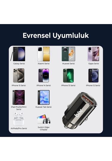 Bix Bxccp45w 45w Type-c Usb-a Çift Çıkışlı Metal Araç Şarj Cihazı