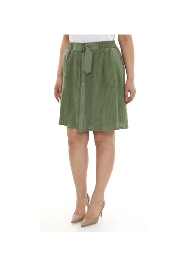 Büyük Beden Kadın Astarlı Müslin Kumaş Düğmeli Cepli Etek Haki