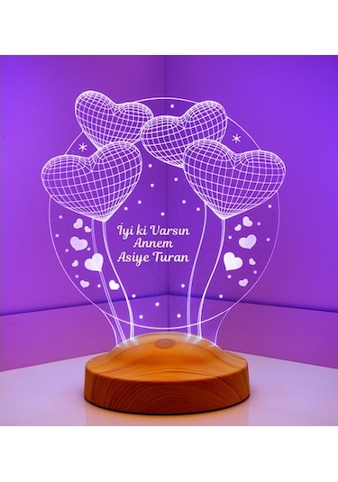 3D Led Lamba 3 Boyutlu Anneler Günü Kişiye Özel Balon Kalp Küre