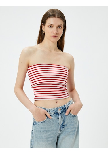 Koton Straplez Üst Kat Detaylı Ribanalı Slim Fit Kırmızı Çizgili 4sak10698ek Kırmızı Çizgili