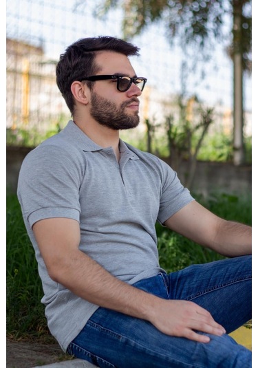 Erkek Gri Melanj Rahat %100 Pamuk Ribana Kol Polo Yaka T-shirt 24eplypope 001