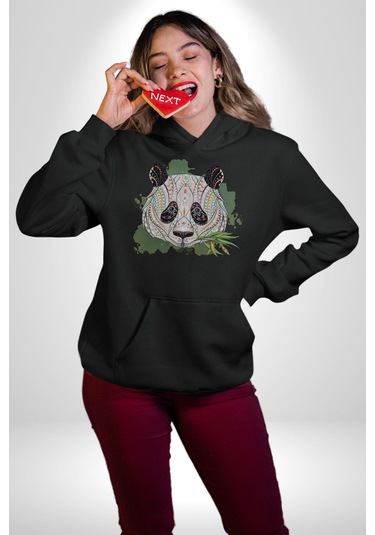 Panda Mandala Kadın Erkek Siyah Kapüşonlu Sweatshirt Hoodie Siyah