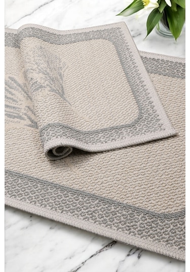 Naturel Pamuklu Kilim Yıkanabilir Banyo Paspası 2'li Klozet Takımı 60x100-50x60cm Çiçekli Bej