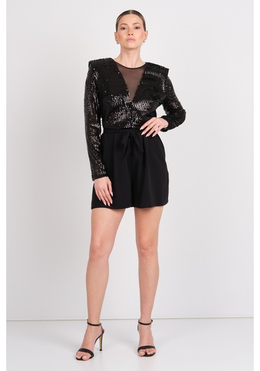 Explosion Kadın Ön - Arka Derin V Yaka Ve Transparan Payetli Kısa Abiye Tulum 2419 Siyah Siyah