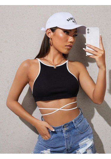 Askılı Halter Yaka İpli Siyah Renk Fitilli Crop Top Bluz