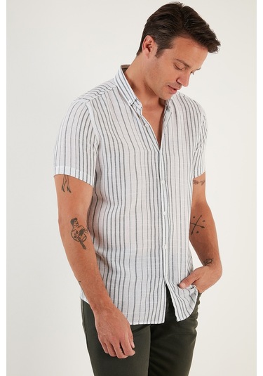 Buratti Çizgili Pamuklu Slim Fit Kısa Kollu Erkek Gömlek Cf23S116097 Beyaz-Yeşil