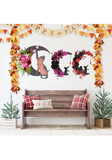 Neevoyu Karanlık Kedi Ve Çiçekli Ay Şeklinde Halloween Sokağı, Pencere Dekorasyonu - Ev Dekoru Adeti