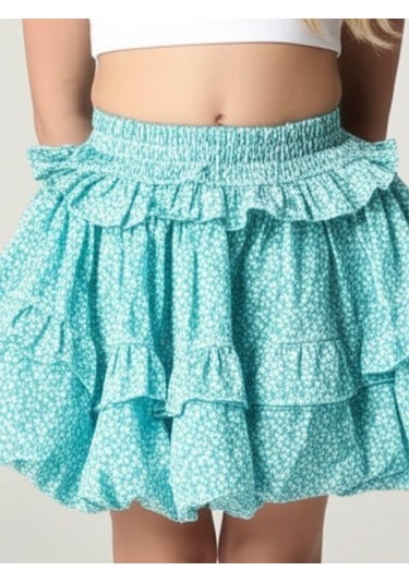 Kız Çocuk Çiçek Desenli Balon Etek-15849 Yeşil