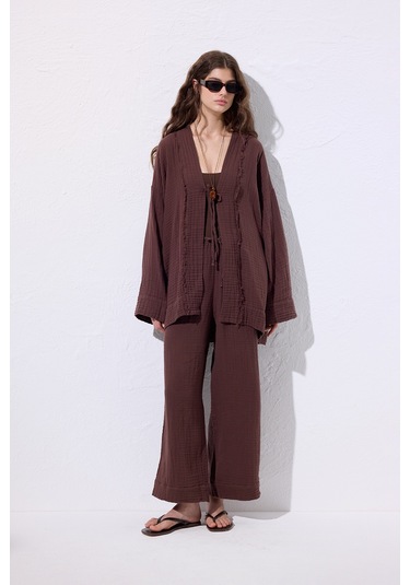 Müslin Geniş Kollu Kimono Acı Kahve Acı Kahve