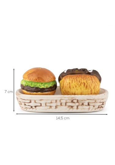 Porsima Mıo-038 Hamburger Motifli 2 Li Standlı Porselen Tuzluk Biberlik Seti Çok Renkli