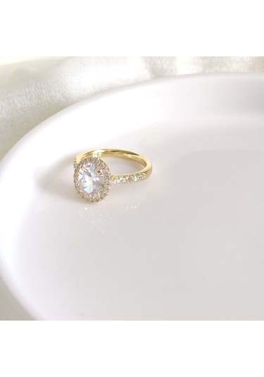 Xupıng Oval Taşlı Gold Yüzük - 14 Beyaz