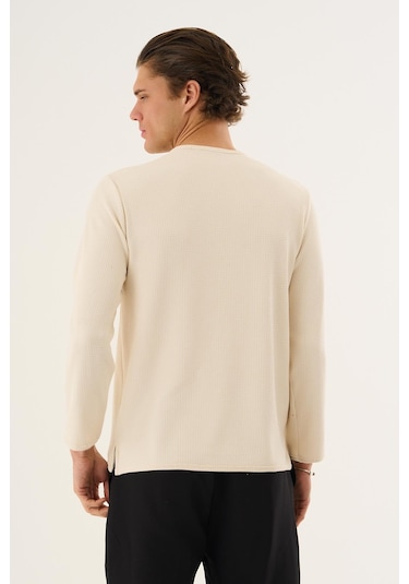 Waffle Kumaş Düğmeli Yaka Uzun Kollu Sweatshirt Ekru