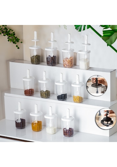 Porsima 1098 Kaydırmalı Kaşıklı Baharatlık Seti 12'li  Şeffaf - Beyaz