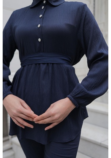 Taş Düğme Detaylı Takım Lacivert Lacivert