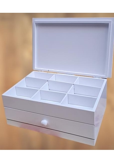Hobi Adn Dekoratif Makyaj Kutu Çekmece Bölmeli Ahşap Mdf Beyaz Lake Boya El Yapım