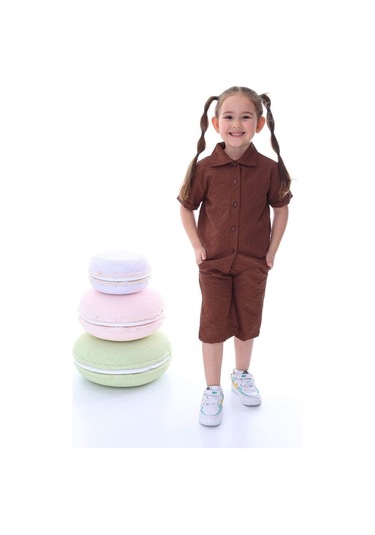 Kız Çocuk Desenli Gömlekli Takım-6369-Kahverengi