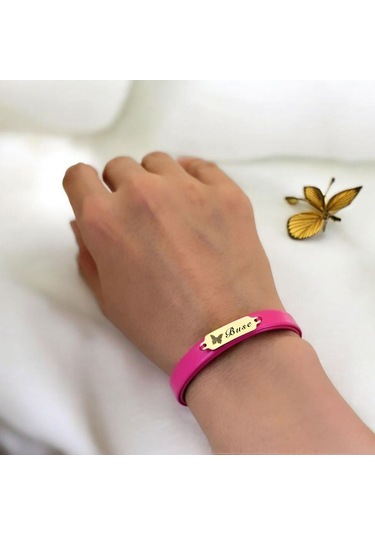 Archin Buse İsmine Özel 14 Ayar Altın Plakalı Doğal Pembe Derili Kelebek Figürlü Hediye Bileklik-651isim Buse