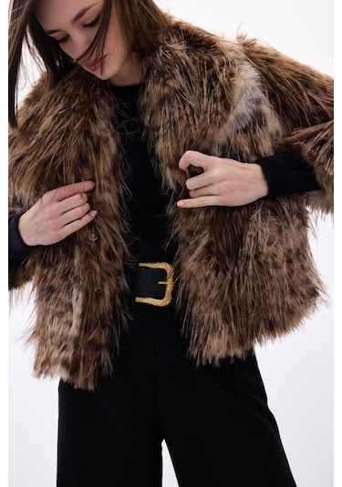 Sateen Leopar Desenli Kürk - Kahve-136710 Kahve