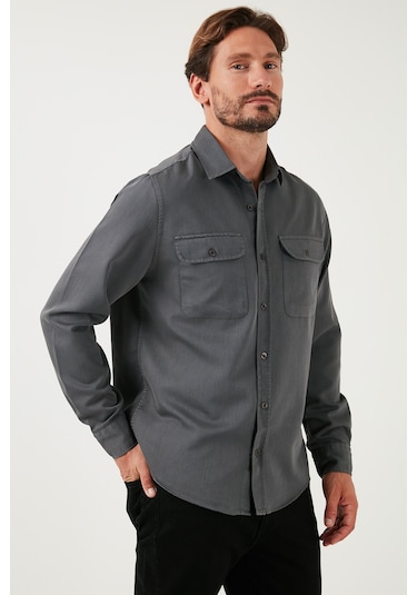 Buratti Pamuklu Çift Cepli Regular Fit Erkek Gömlek Cf25W128858 Antrasit