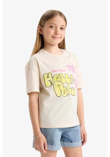 Defacto Kız Çocuk Relax Fit Bisiklet Yaka Kısa Kollu Tişört E0389a825smer42 Ekru