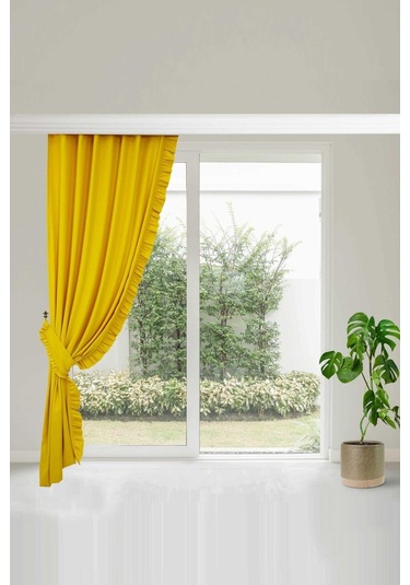Fırfırlı Vintage Kadifemsi Dertsiz Pamuk Keten Perde En X Boy - Tek Kanat Sarı