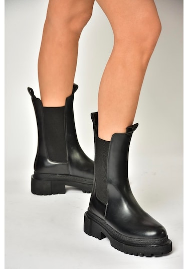 Fox Shoes T652449009 Siyah Kalın Tabanlı Kadın Bot Siyah-Suni Deri Siyah