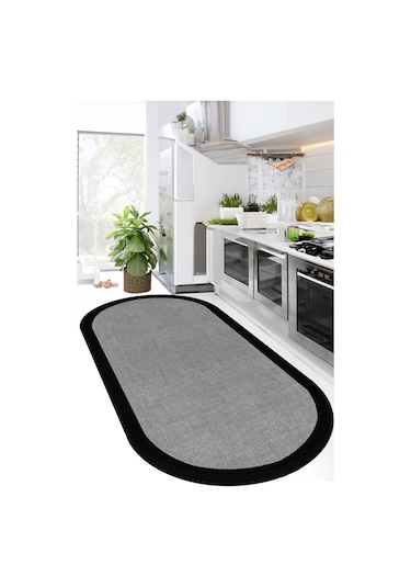 Decomia Home DC-5034 Dijital Kaymaz Gri Jüt Görünümlü Oval Siyah Çerçeveli Mutfak Salon Halısı Yolluk