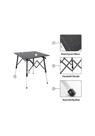 Madfox Skylite Yükseklik Ayarlı Katlanır Kamp Masası Siyah Siyah