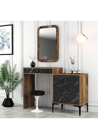 Lizbon Makyaj Masası Aynalı - Ceviz / Siyah Mermer