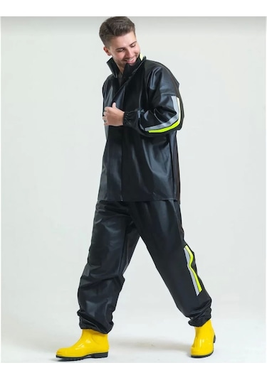 Premium Motorcu Kurye Yağmurluk Takım Su Geçirmez Pvc Kumaş Reflektörlü Tübitak Onaylı - Siyah Siyah