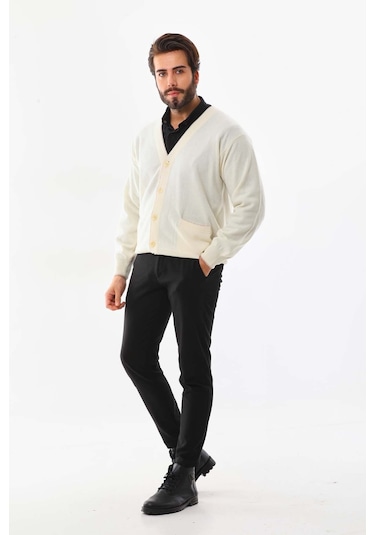 Sanfa Erkek V Yaka Saf Yün Hırka 2634 Krem
