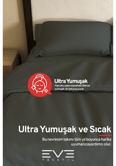 Eve Tekstil %100 Pamuk Ranforce Çarşaflı Yastık Ve Yorgan Kılıflı Çift Kişilik Nevresim Takımı 200x220 Cm Koyu Gri