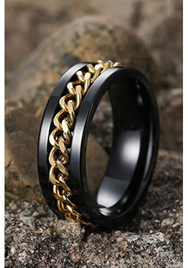 Ortası Dönebilen Zincirli Erkek Kadın Anti-stres Çelik Alyans Yüzük Cl43 Altın - Siyah