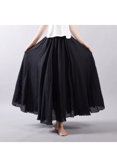 Kadın Zarif Yüksek Bel Keten Maxi Etek Yaz Bayanlar Rahat Elastik Bel 2 Katmanlar Etekler Saia Feminina Siyah