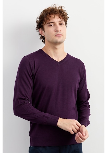 Erkek Basic V Yaka İnce Triko Kazak Mor Mor