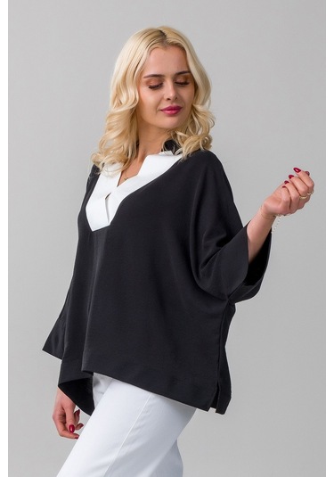 Kadın Gömlek Yakalı Yaka İndigo Mavi Kol Ucu Manşetli İnce Kot Kumaş Bluz Siyah