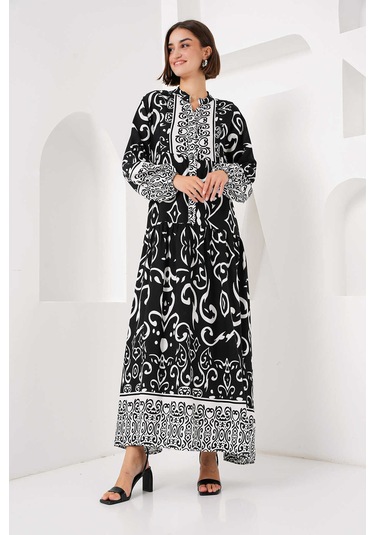 Gabria Ön Düğmeli Desenli Viskon Elbise Siyah - Ekru