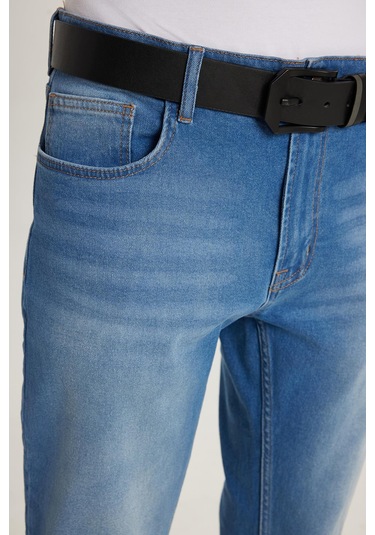 Erkek Normal Kesim Denim Yıkamalı Düz Paça Mavi Jean Kot Pantolon-34482 Mavi
