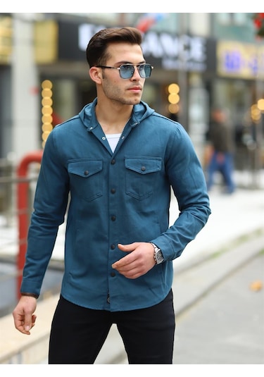 Petrol Renk Kapüşonlu Kot Ceket Petrol